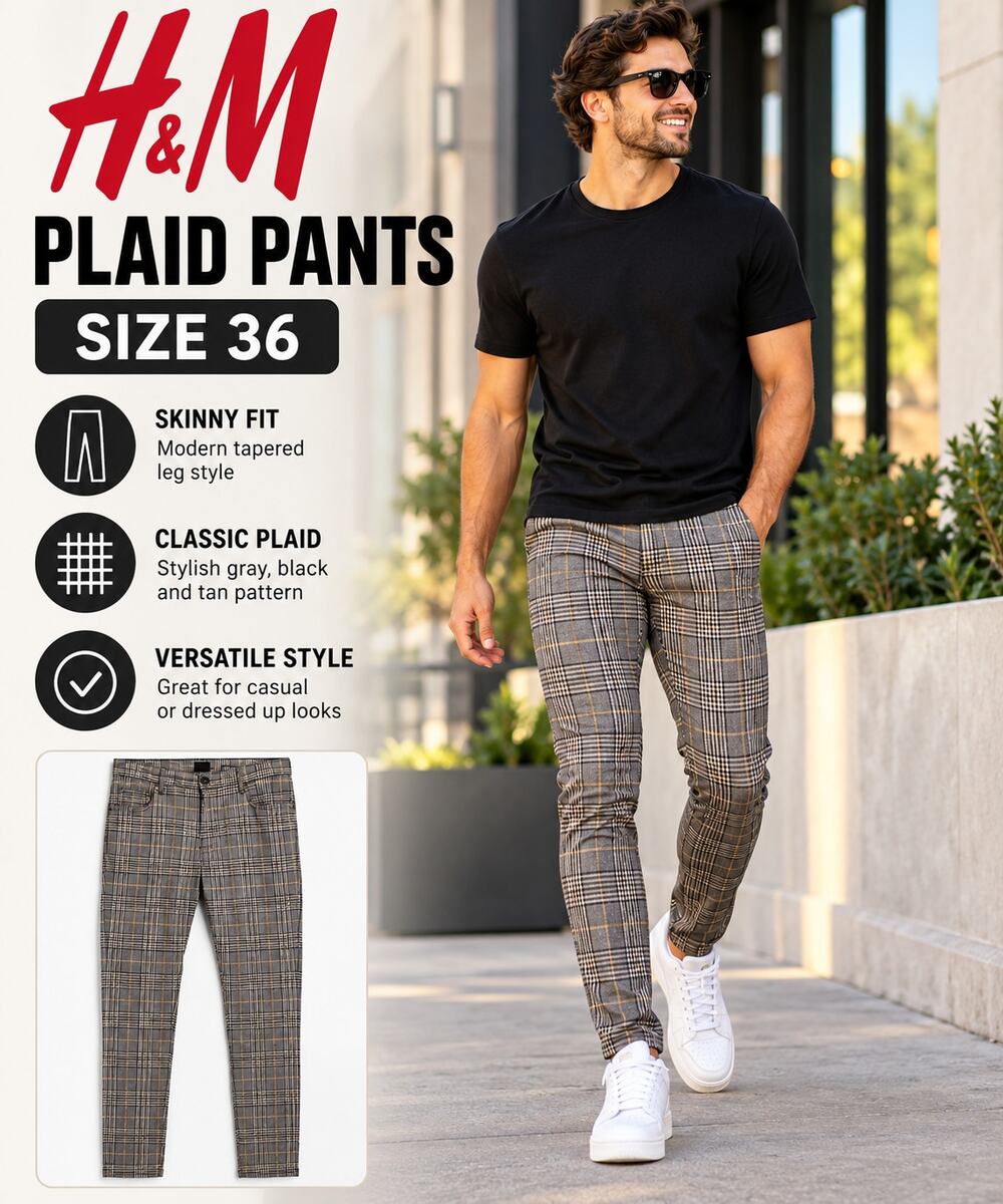 H&M Skinny Fit Plaid Pants | Gray Black Tan | Size 36